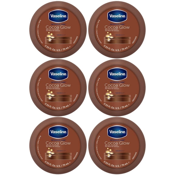 Vaseline Cocoa Glow Body Cream 6-Pack - Pure Cocoa Butter 48H Moisturizing Cream for Dry Skin, Travel-Size, 2.53 Fl Oz Ea MS