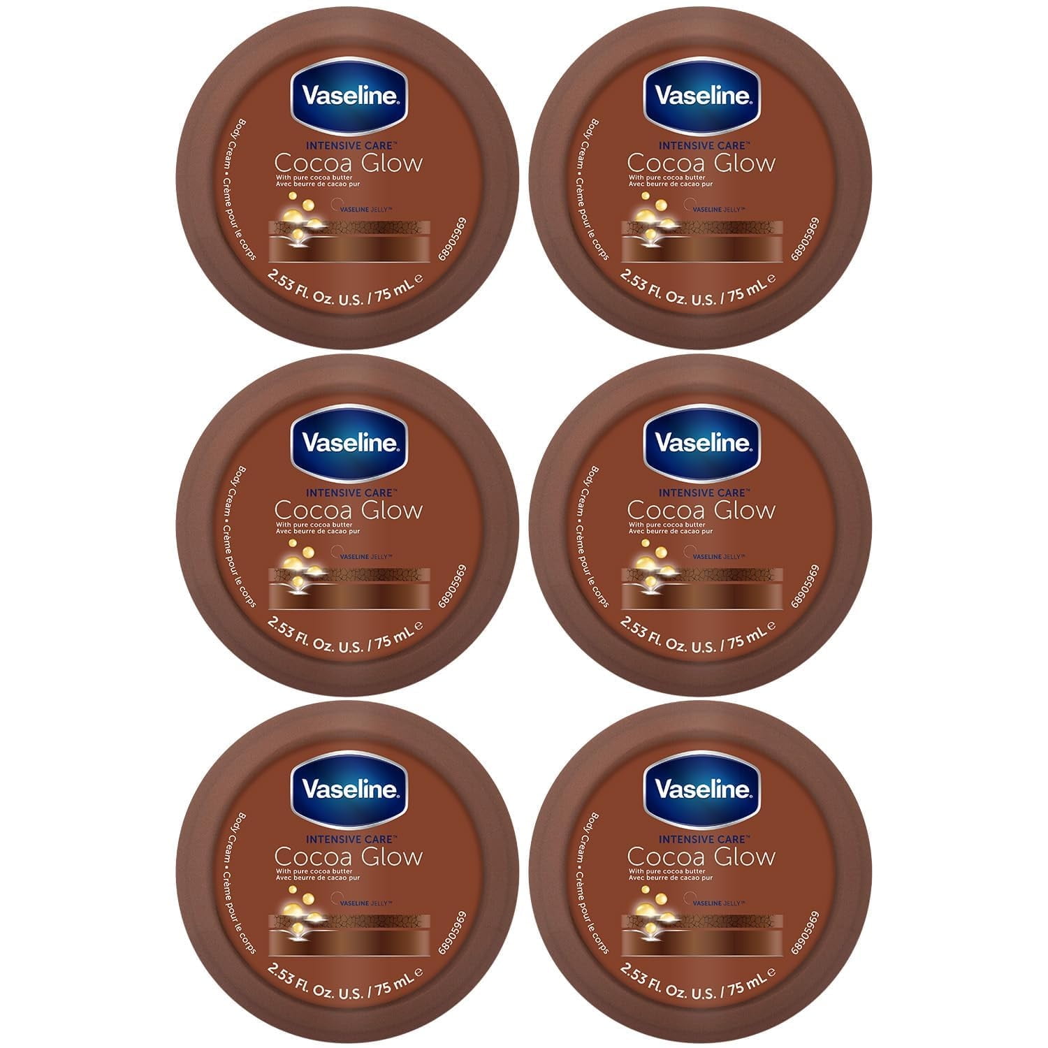 Vaseline Cocoa Glow Body Cream 6-Pack - Pure Cocoa Butter 48H Moisturizing Cream for Dry Skin, Travel-Size, 2.53 Fl Oz Ea MS
