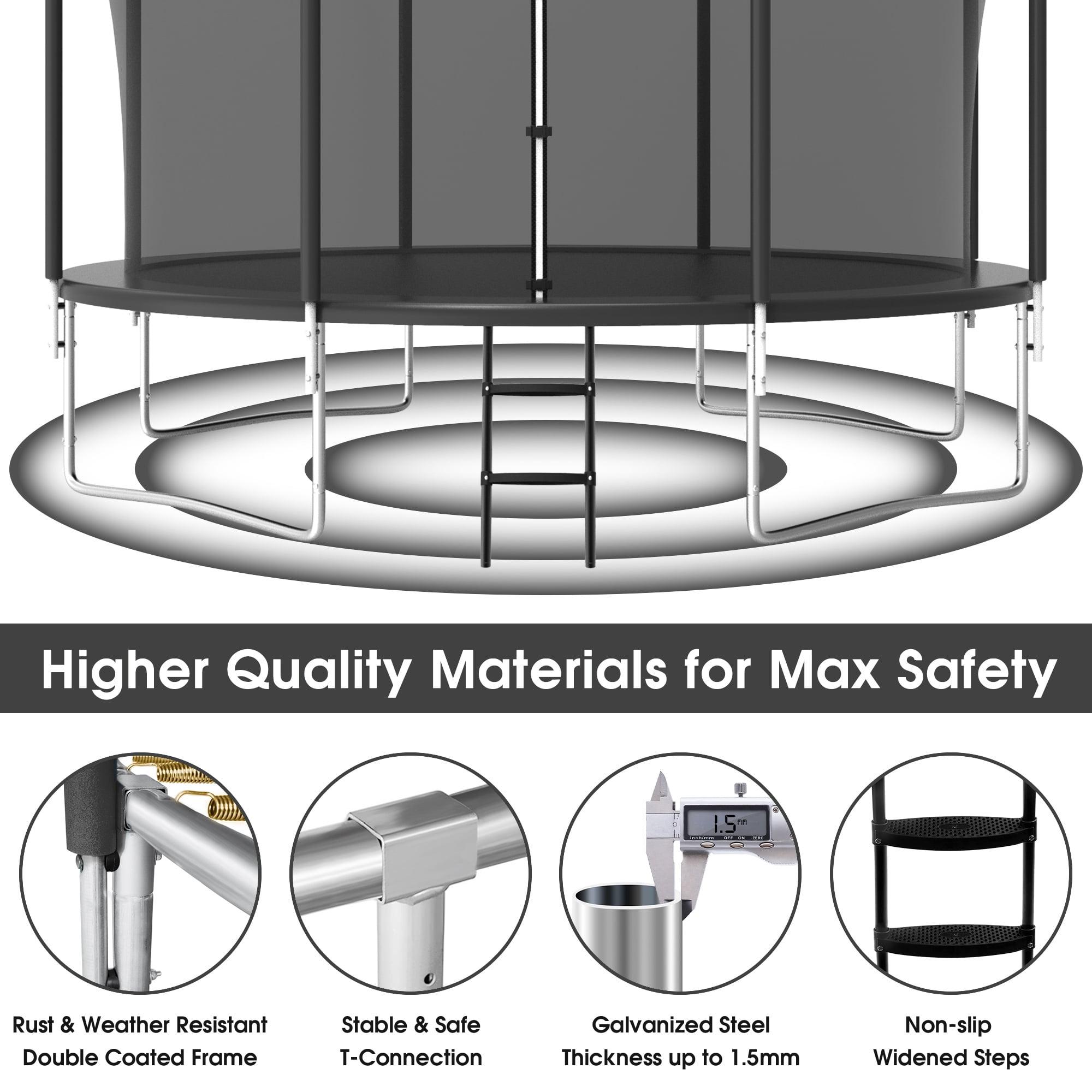 YORIN Trampoline, 1200LBS 12FT Trampoline for 4-5 Adults/ Kids, with Enclosure Net, Metal Swing, Basketball Hoop, Ladder, Galvanized Outdoor Anti-Rust Heavy Duty Round Recreational Trampoline