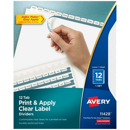 UPC: 0072782114282 | Avery Print & Apply Clear Label Dividers  Index Maker Easy Apply Printable Label Strip  12 White Tabs (11428)