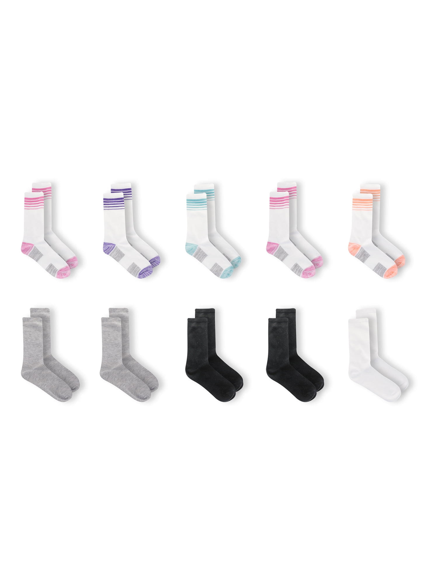 Athletic Works Girls Cushioned Crew Socks ,10 Pack, Size S (6-10.5)-L (4-10)