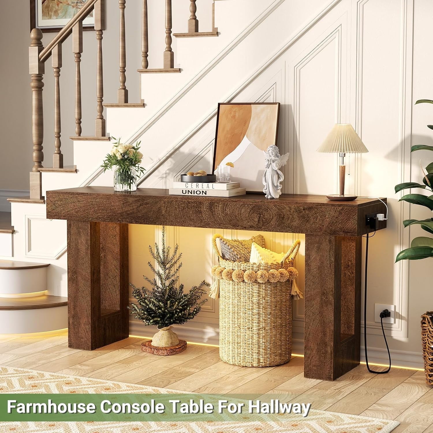 Homieasy 63'' Farmhouse Console Table with Power Outlets and Sensor Light, Wooden Entryway Table Narrow End Table with Storage for Entrance, Hallway, Living Room, Bedroom, Cracked Oak
