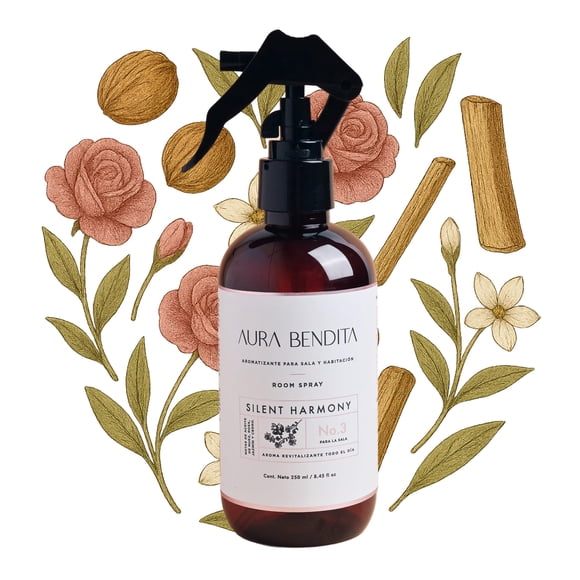 Aromatizante para Hogar 250ml | Jazm&iacute;n, Rosas, Nueces y Cedro (Fragancia Fina y Duradera) | AURA BENDITA Room Spray Silent Harmony (250 ml - 8.45 fl oz)