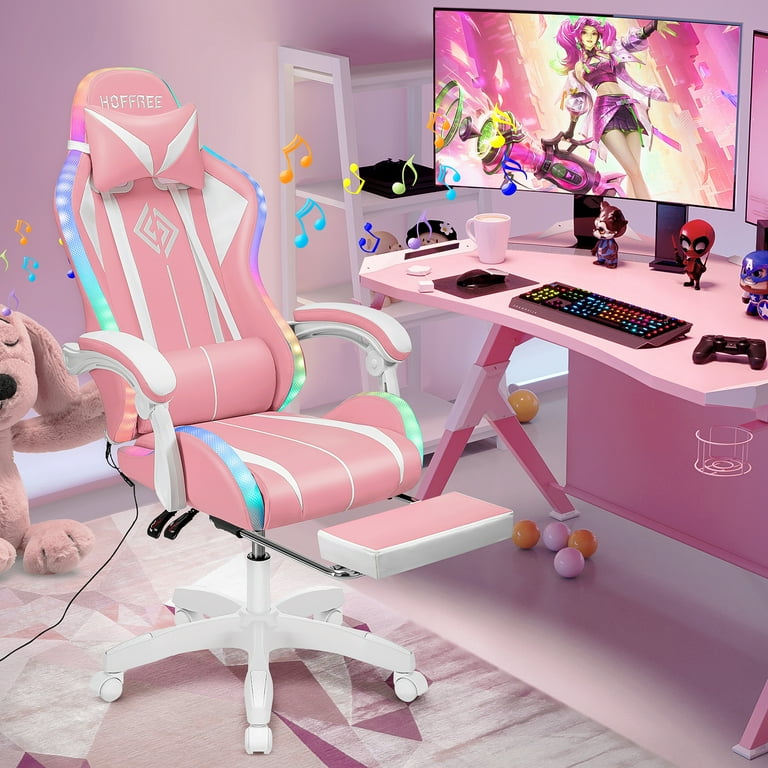 Hoffree Pink Gaming Chair with Bluetooth Speakers and LED RGB Lights Cute Ergonomic Massage Computer Gaming Chair with Footrest High Back Video Game