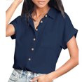 thumbnail image 4 of Blusa con botones para mujer, moda, cuello en V, informal, suelta, manga corta, top de verano para mujer, azul oscuro XXL, 4 of 6