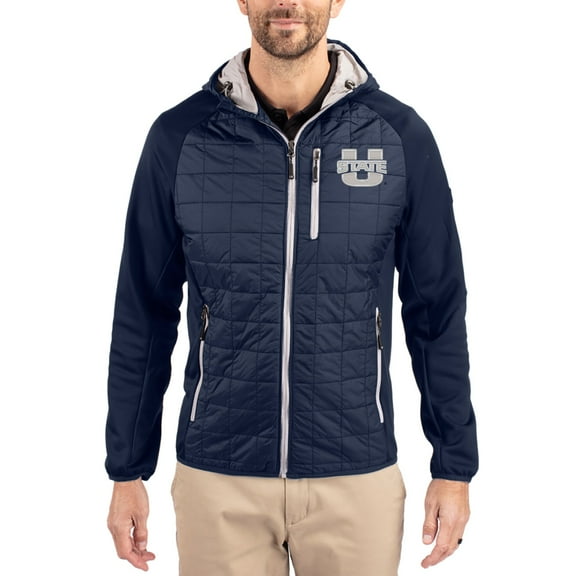 Men's-Cutter & Buck  Navy Utah State Aggies Rainier Eco Hybrid PrimaLoft Raglan Full-Zip Jacket