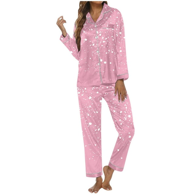 WENXIAOO Pyjama pour Femmes de Noël en Soie, Ensemble de Pyjama pour Femmes à Manches Longues, Chemise Boutonnée, Ensemble de Pyjama Doux de Noël pour Femmes
