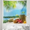 thumbnail image 1 of Beach Tapestry, Fresh Summer Fruits Coconut and Pineapple Drinks at Exotic Beach Palm Trees, Fabric Wall Hanging Decor for Bedroom Living Room Dorm, 5 Sizes, Blue Green Brown, by Ambesonne, 1 of 1