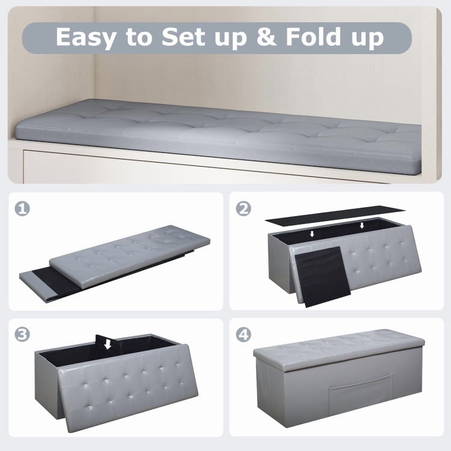 Kadyn Morden Bedroom Bench, 43" Folding Storage Ottoman Bench, End of Bed Bench for Bedroom, Entryway, Gray