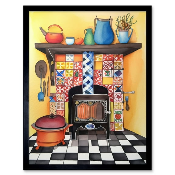 Kitchen Hearth Fireplace With Multicoloured Tiles Folk Art Watercolour Painting Art Print Framed Poster Wall Decor 12x16 inch