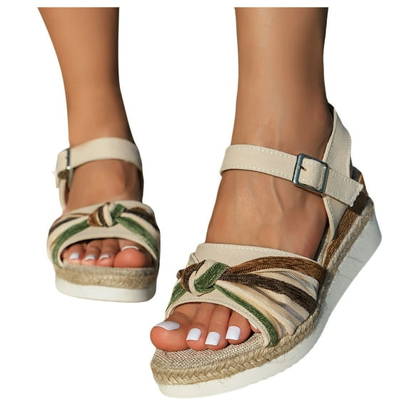 Boho Espadrilles Wedge Sandals for Women 2025 Ethnic Beach Bow Open Toe Ankle Strap Platform Dress Sandals