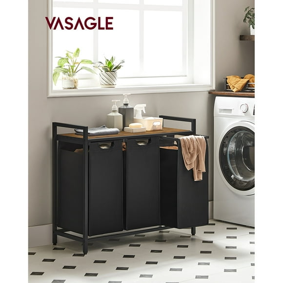 VASAGLE Laundry Hamper, Laundry Basket, Laundry Sorter with 3 Pull-Out and Removable Bags, Shelf, Metal Frame, 3 x 10 Gallons (38L), 36.4 x 13 x 28.4 Inches, Rustic Brown and Black