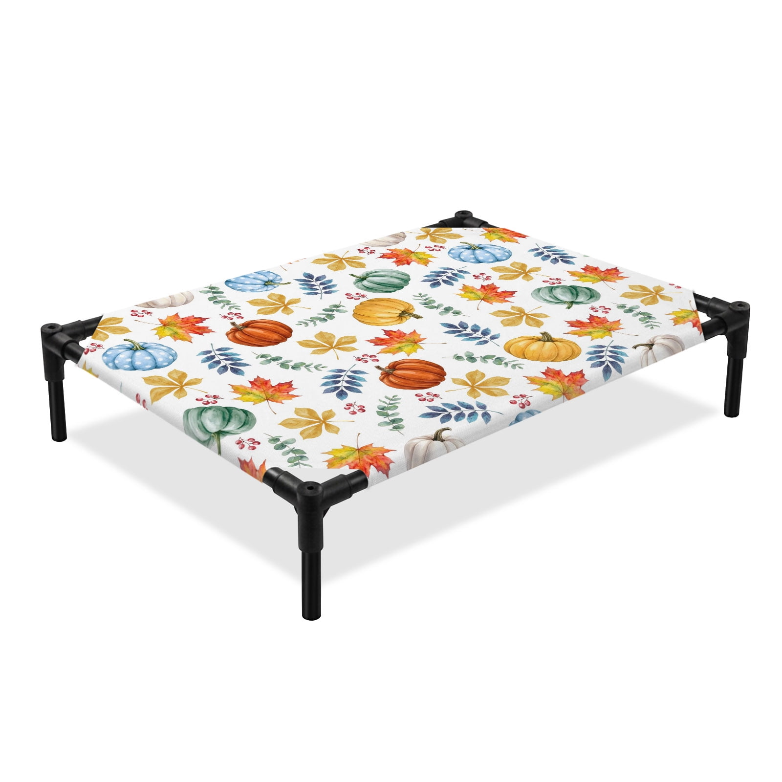 Thanksgiving Fall Elevated Dog Bed Rustic Orange White Green Blue Pumpkin Leaf Cooling Breathable Outdoor Raised Dog Cot Bed with Metal Frame Non-Slip Feet for Medium Dog 24x20in