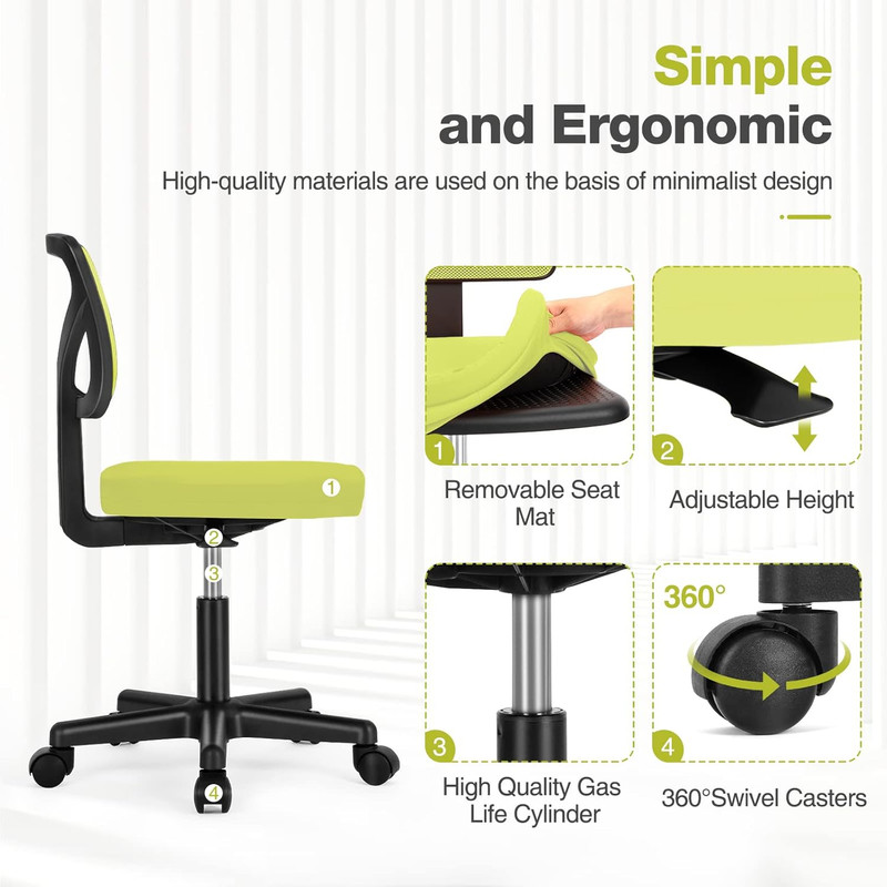 Beddle Armless Office Chairwith Lumbar Support, Low-Back Ergonomic Swivel Mesh Desk Chair, Comfortable Seat for Home Office or Study, Gray