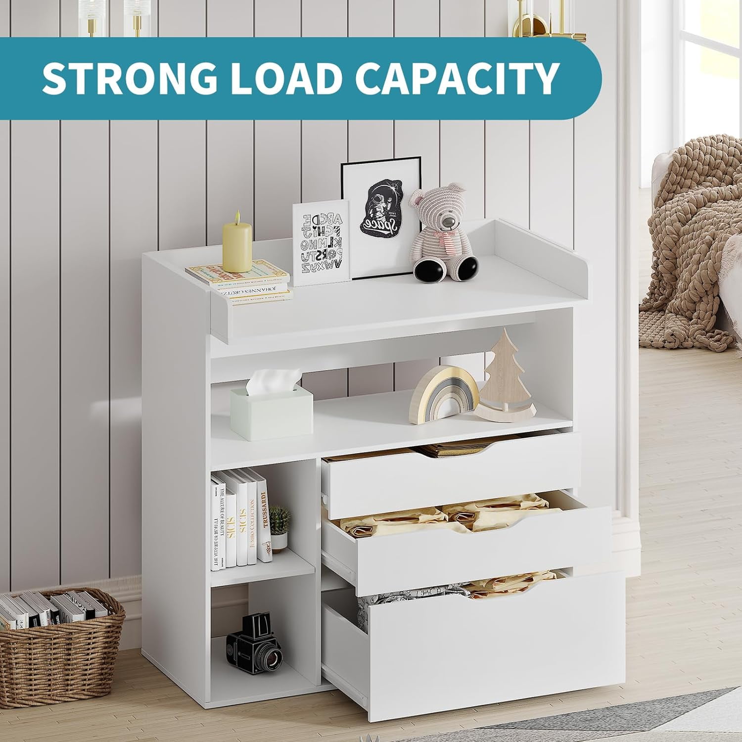 Linor Baby Changing Table Dresser with 3 Drawers and 3 Storage Shelves, Can be Used as a Baby Dresser with Changing Table Top, a Baby Changing Station, a Wood Diaper Changing Station (White)