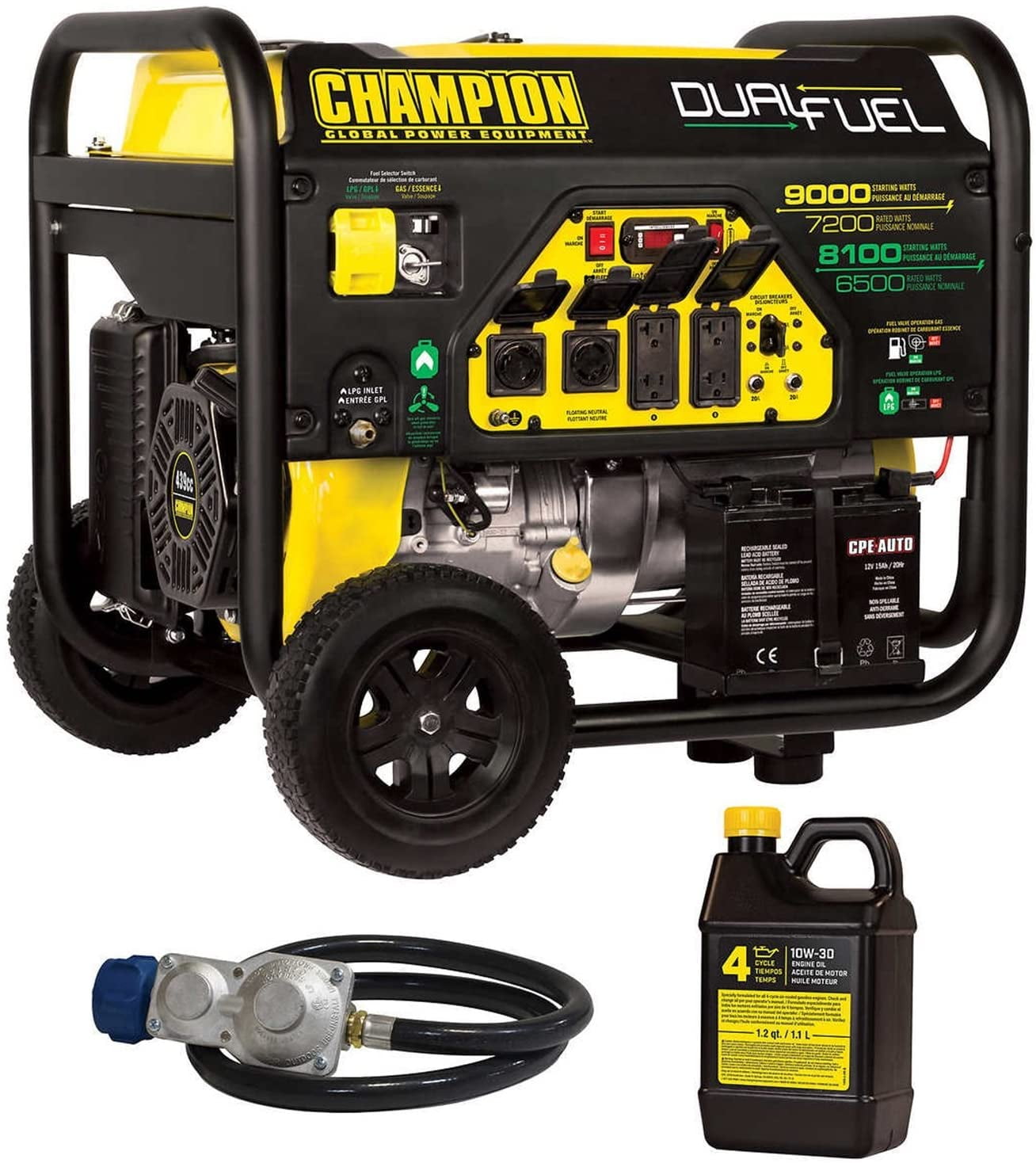Portable Generator. 9000 W Peak Power Portable Dual Fuel Generator