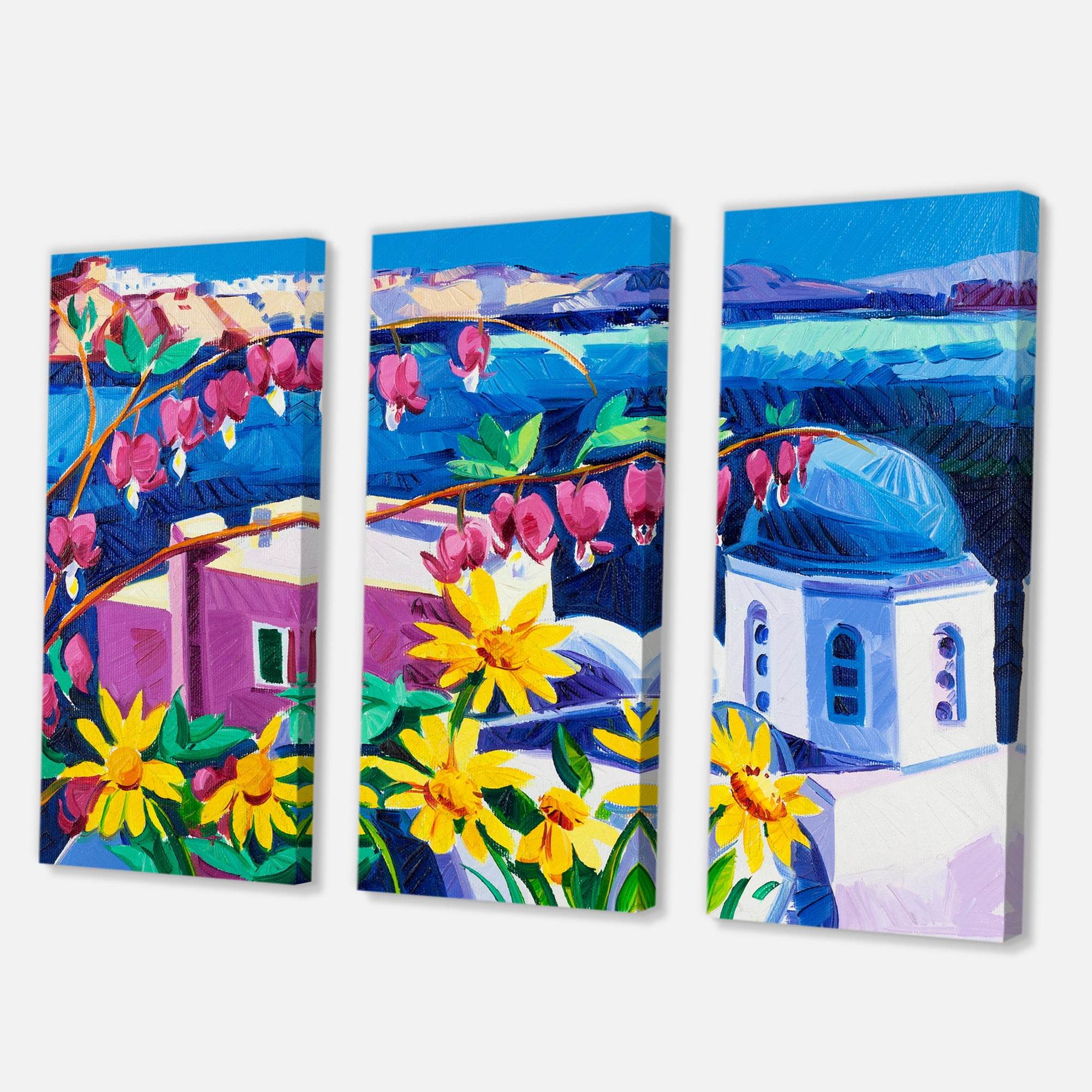 Designart ' Colorful Traditional Santorini Churches Among Flowers ' Nautical & Coastal Canvas Wall Art Print