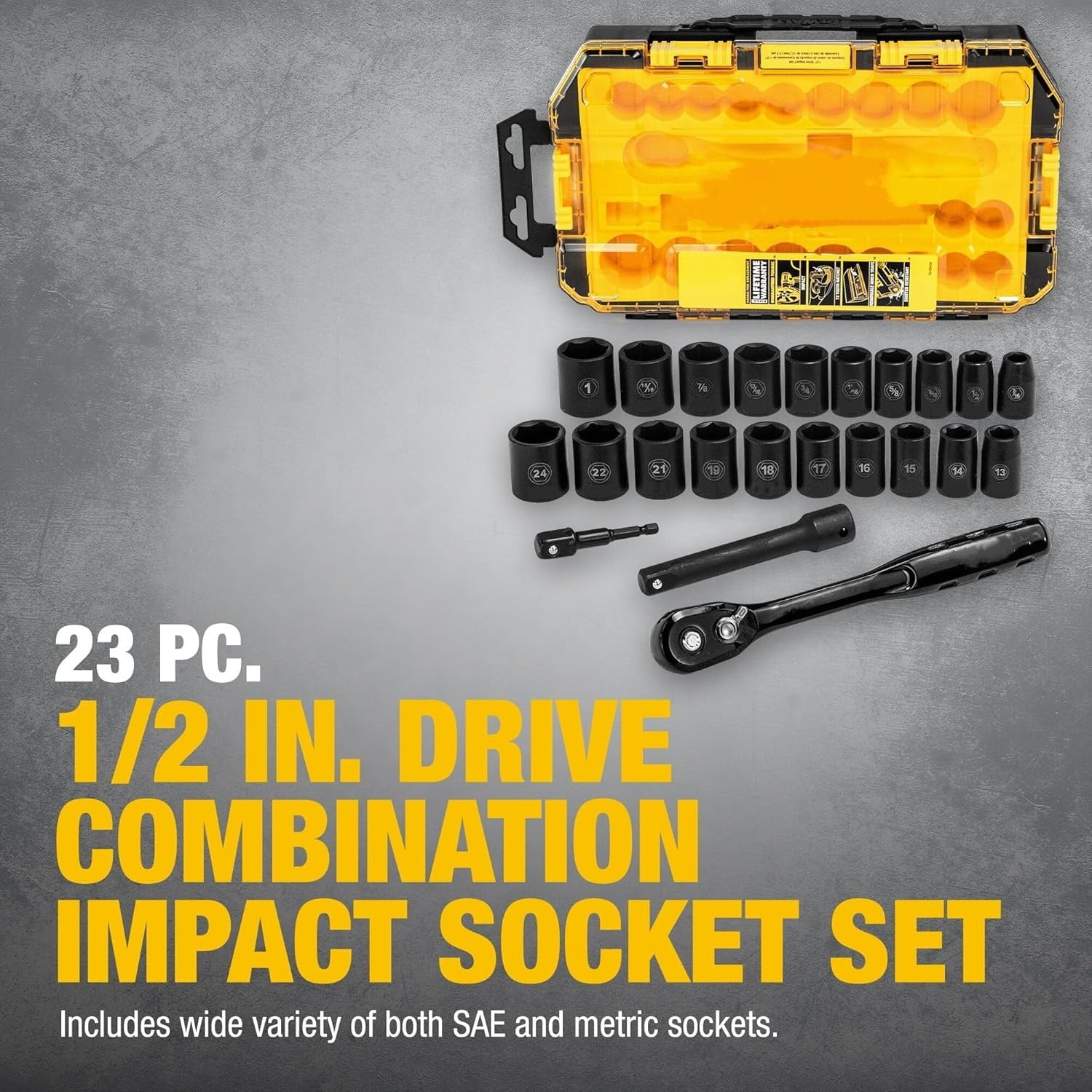 Impact Socket Set with Ratchet, Metric/SAE, 1/2" Drive, 23-Piece Set with Case