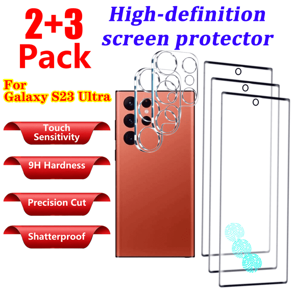 3 Pack for Samsung Galaxy S23 Ultra(6.8 Inch) High definition Screen Protector and 2 Pack Camera Lens Protector, Support Fingerprint Unlock, 9H Hardness Tempered Glass,Scratch Resistant, No Bubble