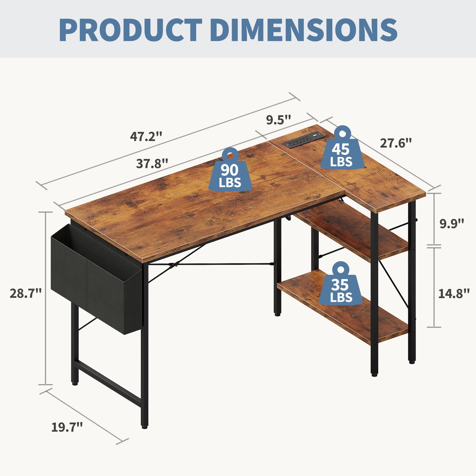 CONCETTA 39 inch Gaming Computer Desk with Power Outlet & LED Strip, Reversible Storage Shelves for Home Office, Rust
