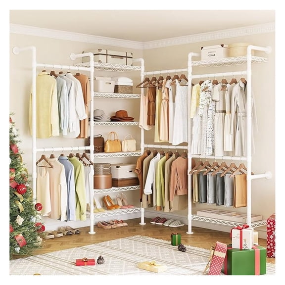 L4 Wall Mounted Industrial Pipe Clothing Rack, Closet Organizer System with 6 Hanging Clothes Rods ( 4 Expandable Rods) & 8 Shelves, Heavy Duty Corner Garment Rack, Large Wardrobe - White