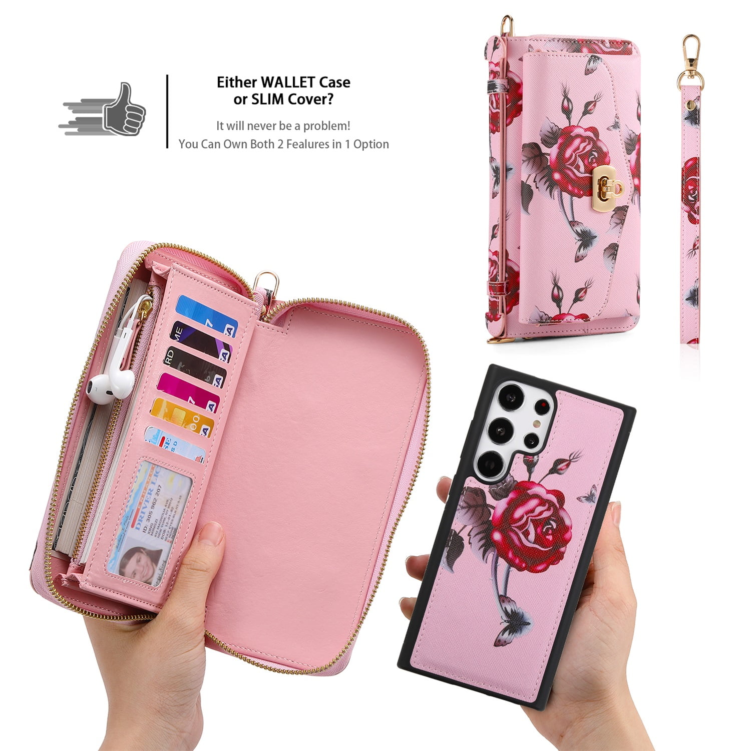 SaniMore Magnetic Detachable Wallet Case for Samsung Galaxy S22 Ultra, Flower Pattern RFID Blocking Cover Support Wireless Charging Card Slot Shoulder & Wrist Strap 360° Full Protective Shell, Pink