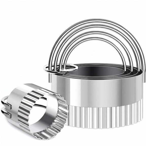 5 Piece Round Stainless Steel Biscuit Cutters with Handle, Fluted Edge Cookie Cutters for Pastry Scone Donut