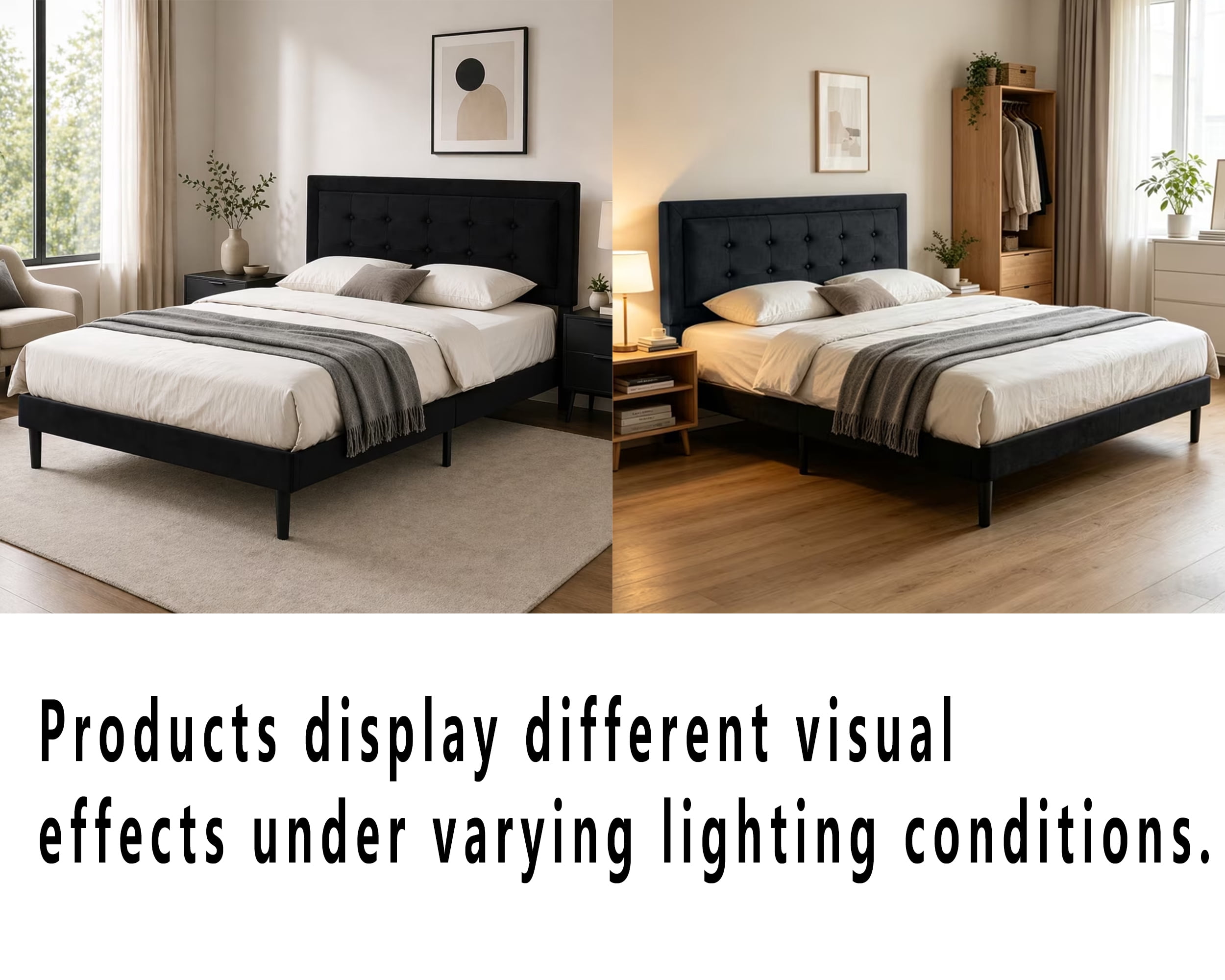 Gewnee Full Size Platform Bed Frame, Velvet Square Tufted Upholstered Headboard, Wood Slats with Center Support Leg, Easy Assembly, Bedroom Furniture, Black