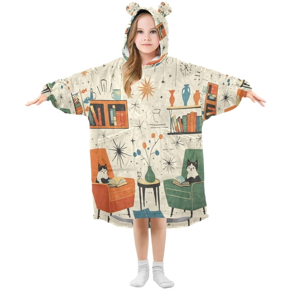 FORMRS Wearable Blanket Hoodie with Sleeves for Kids Cozy Flannel Sweatshirt, Beige Cats Reading