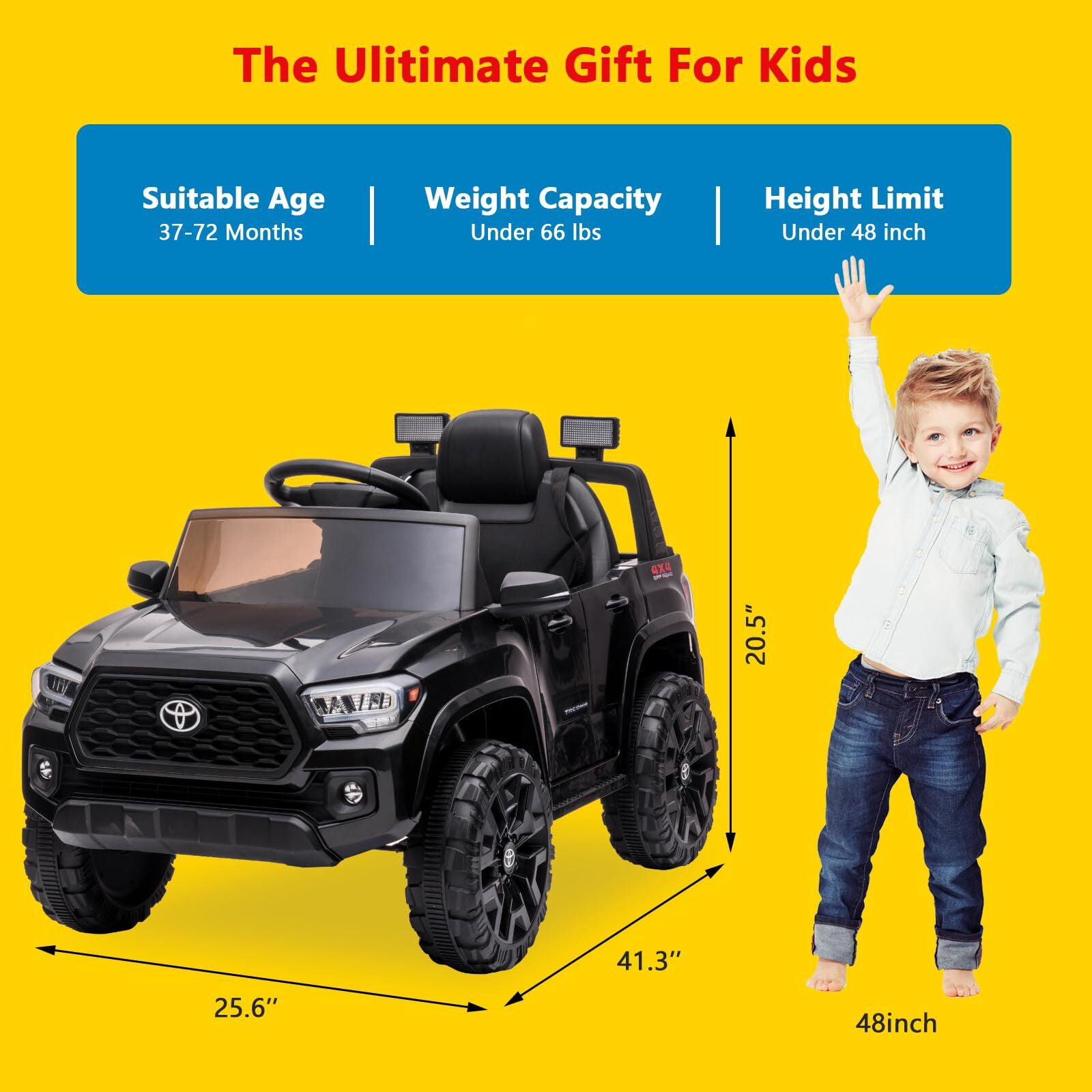 Sakiyr Licensed Toyota Tacoma 12V Kids Ride-On Car with Parent Remote Control | Spring Suspension | Safety Belt | Soft Start | LED Headlights | for 37-72Months