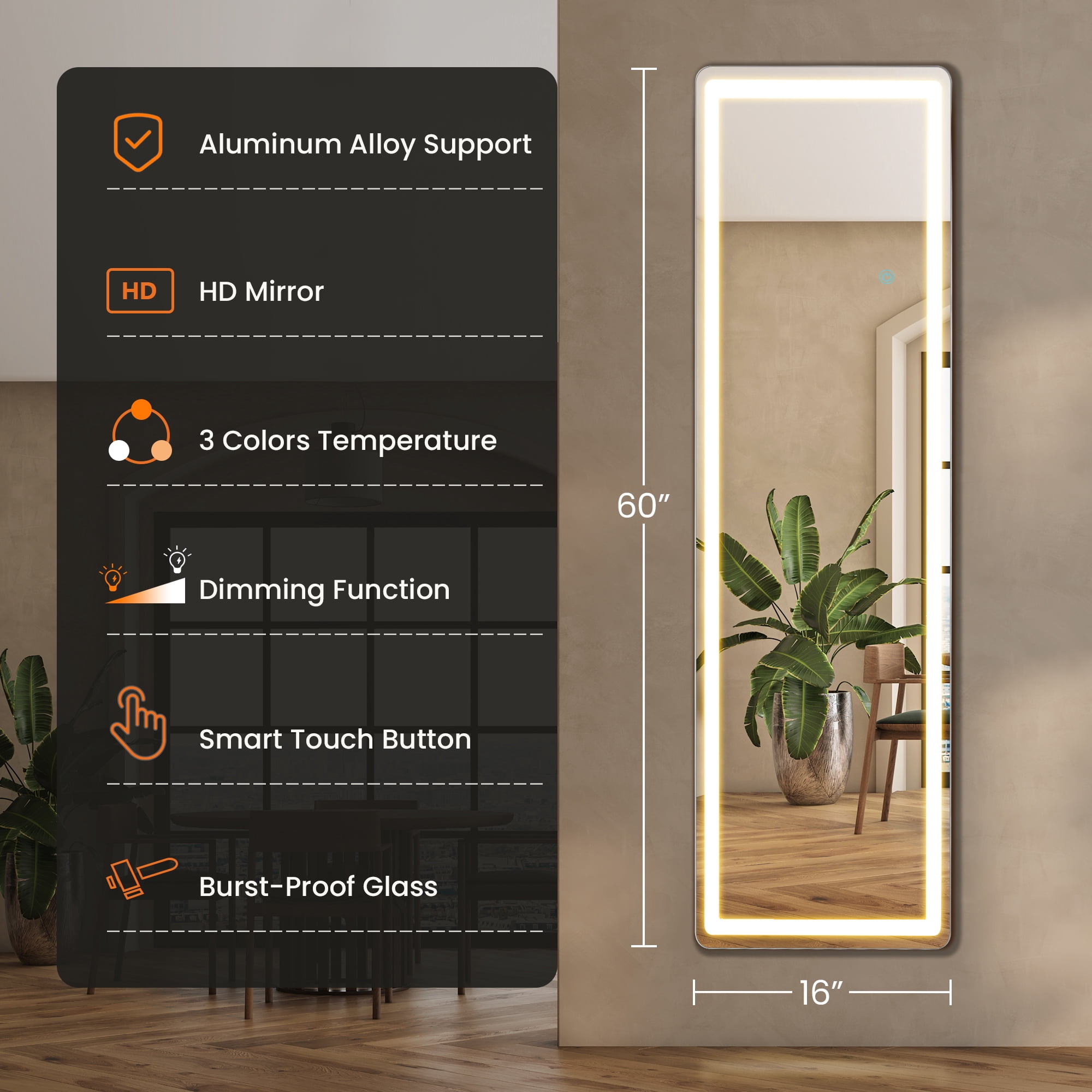 MAYEERTY 60" × 16" LED Full Length Mirror, 3 Color Lighting Floor Standing Mirror with Bracket