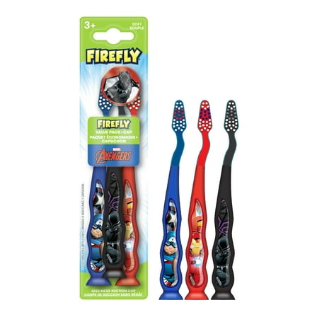 Firefly Avengers Kids Toothbrush Pack with Less Mess Suction Cup, Soft Bristles, Ages 3 , 3 Count