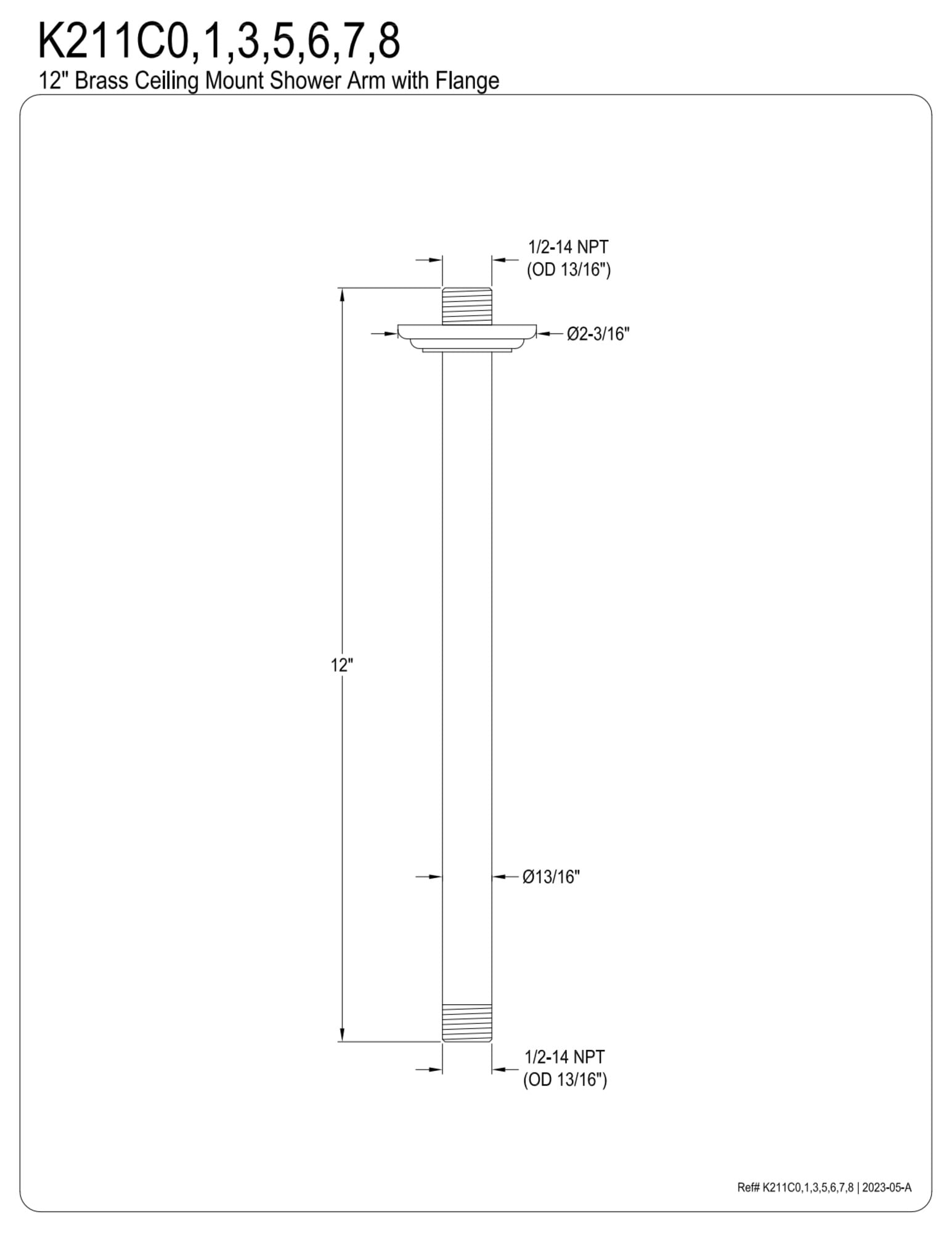 Kingston Brass K211C1  12" Rain Drop Ceiling Mount Shower Arm with Round Flange, Polished Chrome