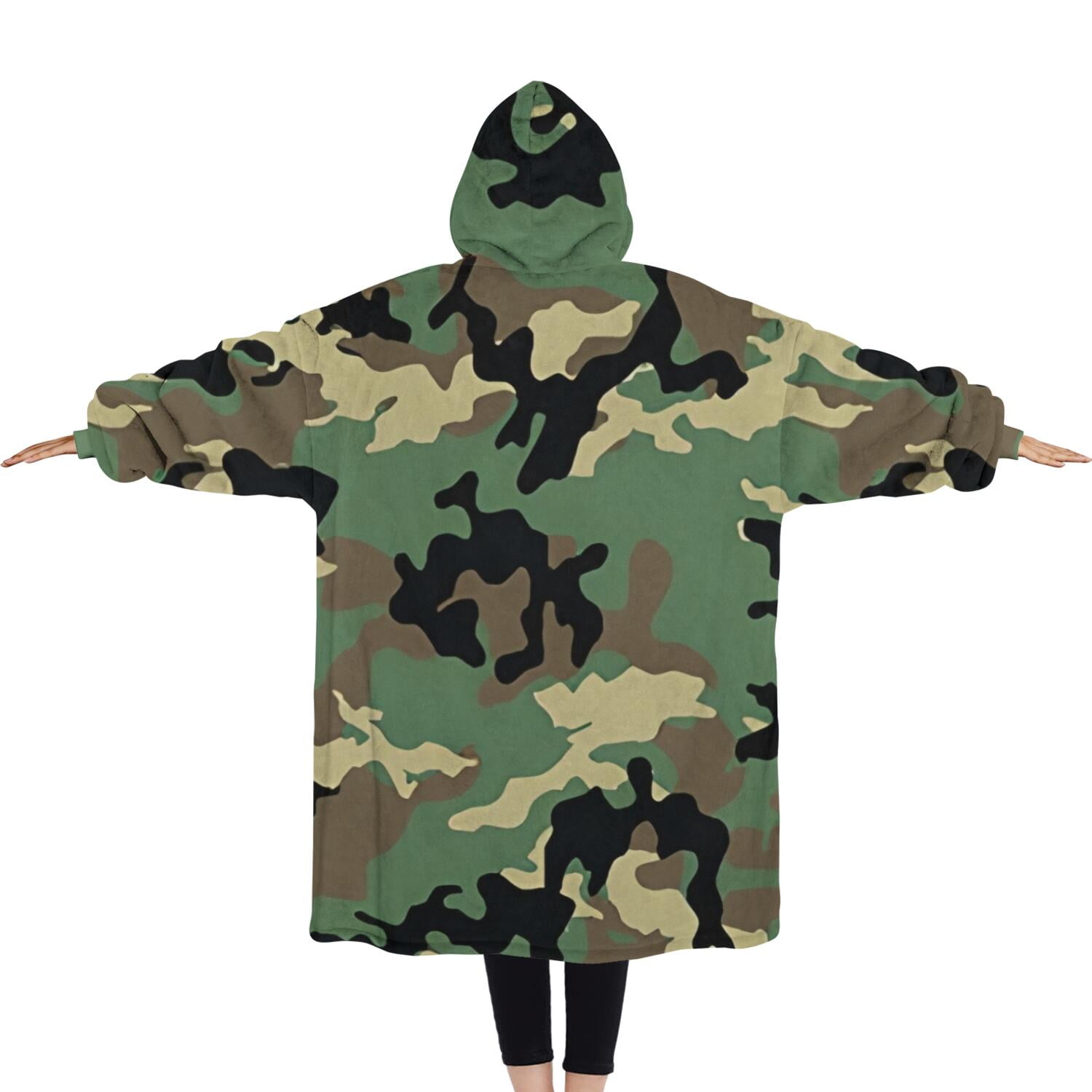 Oversized Wearable Blanket Hoodie,Classic Camo Green Black Pattern Sherpa Blanket Hoodie with Super Pockets,Super Warm Fuzzy Pullover for Women & Men