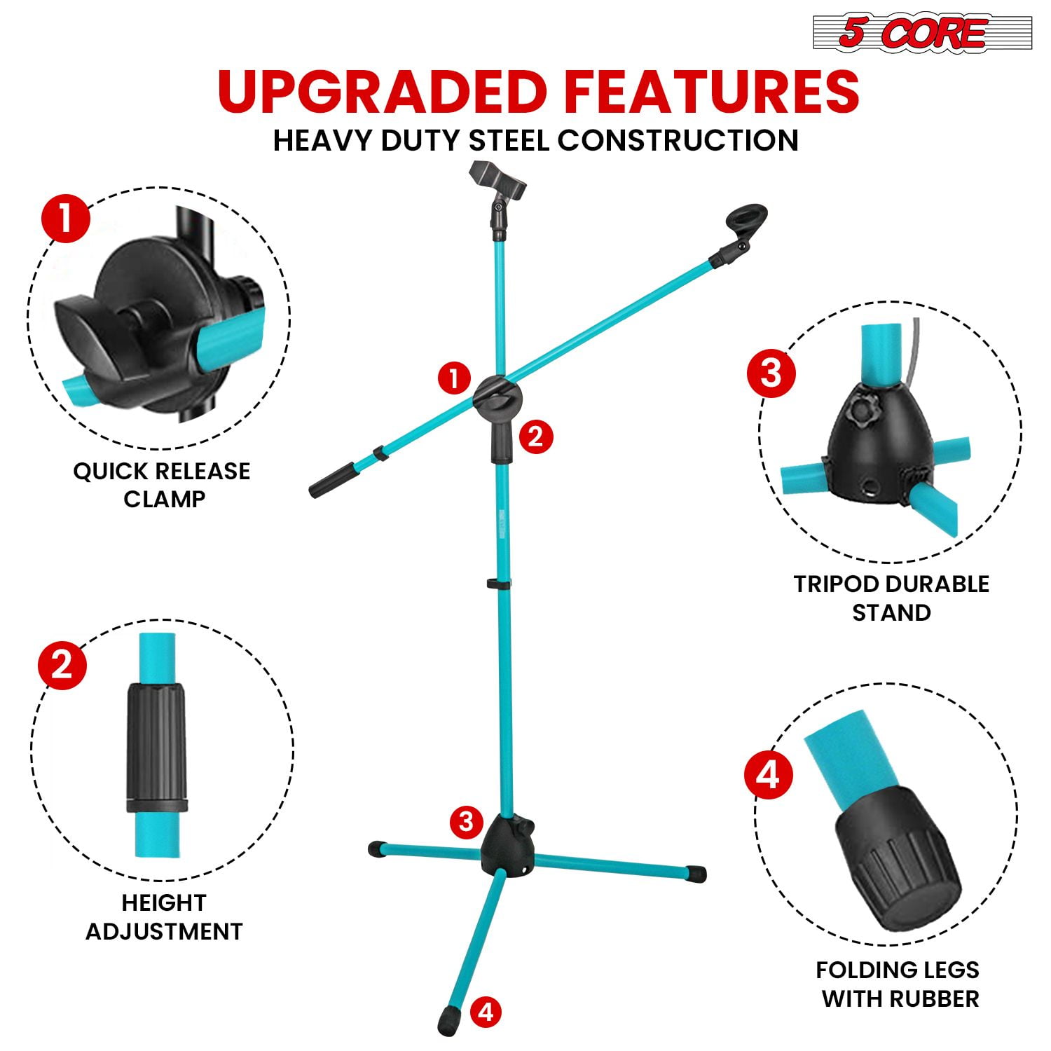 Mic Stand Floor Height Adjustable Tripod Microphone Stands w Extending Telescoping Boom Arm - MS DBL G SKY BLUE