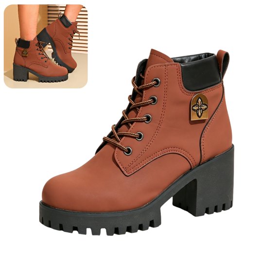 Willtoo Women's Chunky Platform Boots Block Heel Round Toe Lace Up Ankle Booties Trim and Decorative Metal Streetwear Shoes
