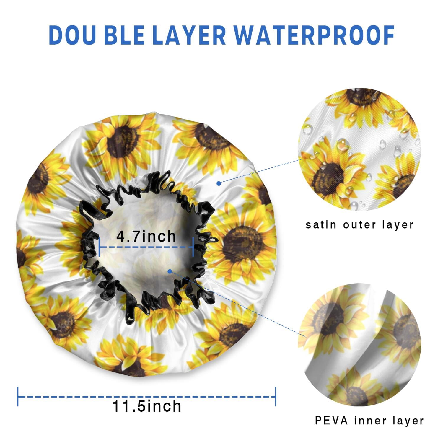 Shower Caps,White Yellow Sunflower Pattern Waterproof Shower Cap for Women 4 Pieces,Double Reusable Hair Cover for Shower PEVA Elastic Stretch Hem