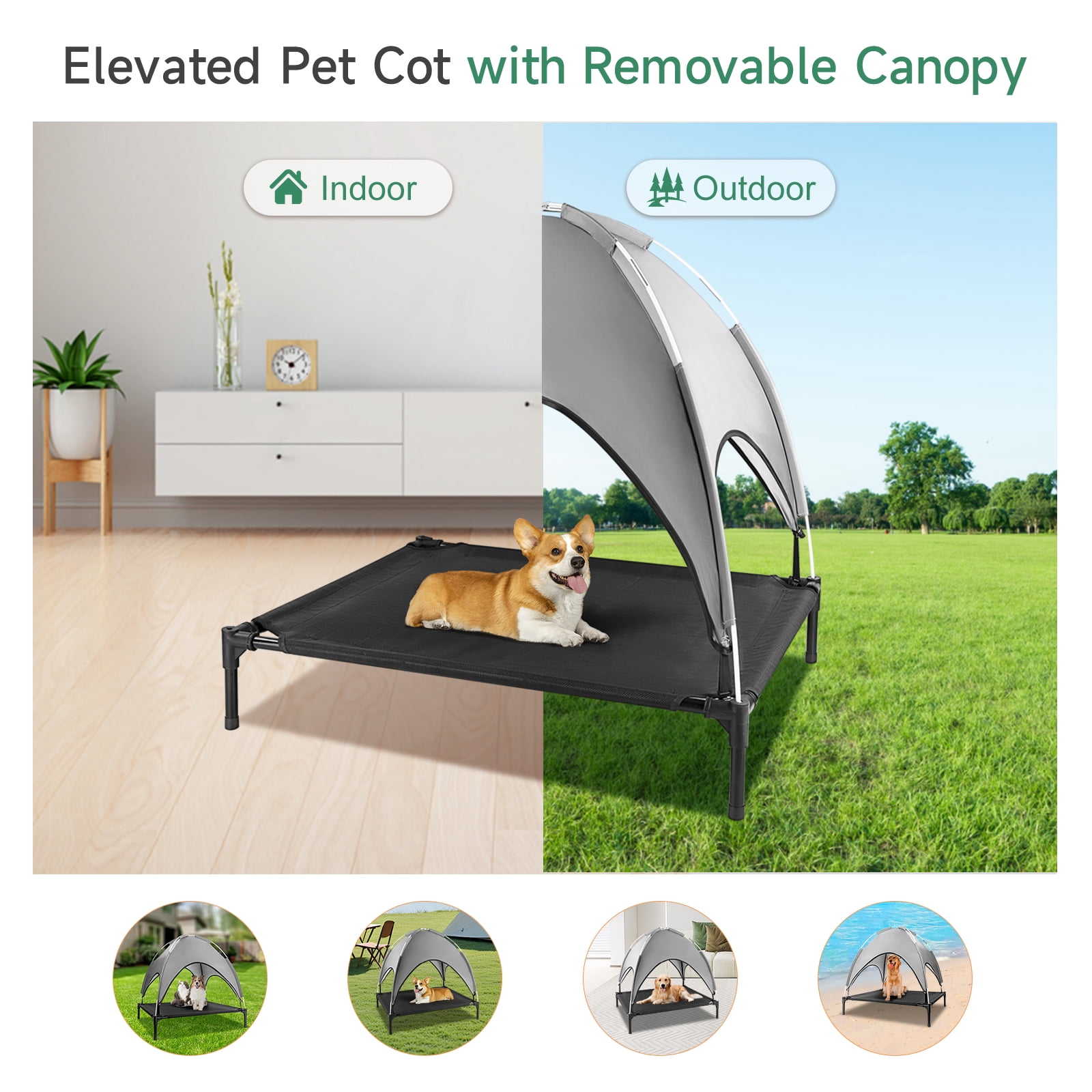Elevated Dog Bed for Dogs, Outdoor Cooling Raised Pet Cot with Removable Canopy Portable Dog Shade Tent for Indoor & Outdoor Use, Grey