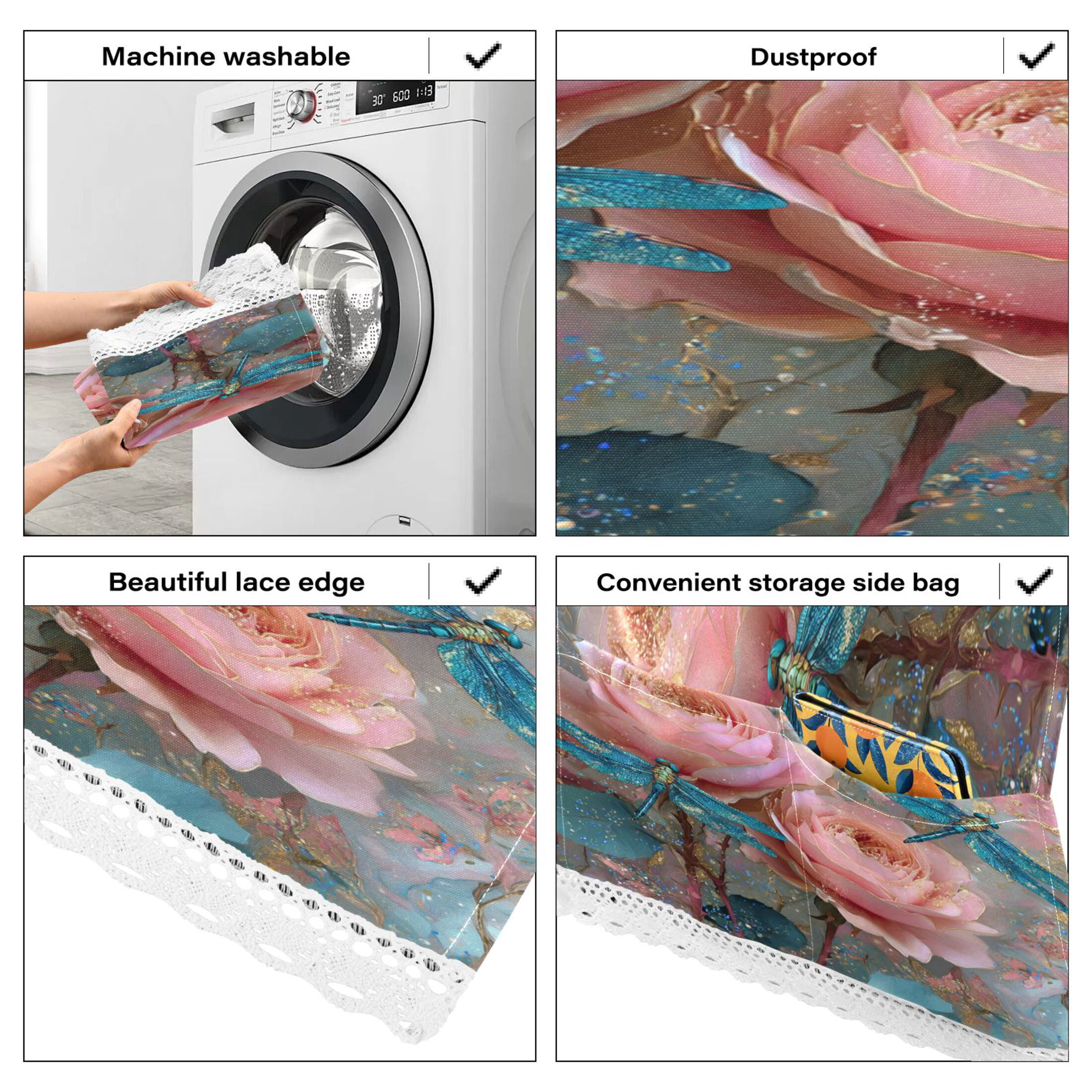 Wobogo Pink Rose Blue Dragonfly Washing Machine Cover Dustproof Washer Dryer Cover Waterproof Laundry Room Decorative Protector
