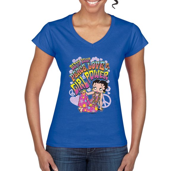 Wild Bobby Betty Boop Peace, Love and Girl Power Betty Boop Women’s Standard V-Neck Tee, Royal, Small