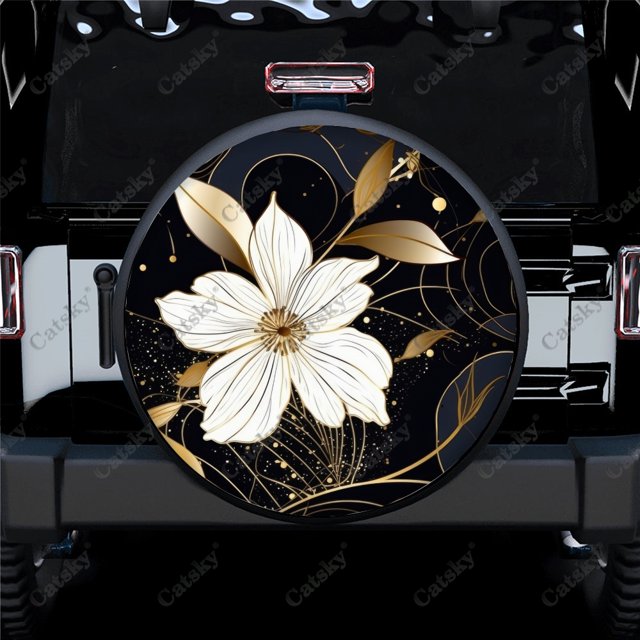 Subtle Gold Line Flowers Pattern Polyester Universal Spare Wheel Tire Cover Wheel Covers for Trailer RV SUV Truck Camper