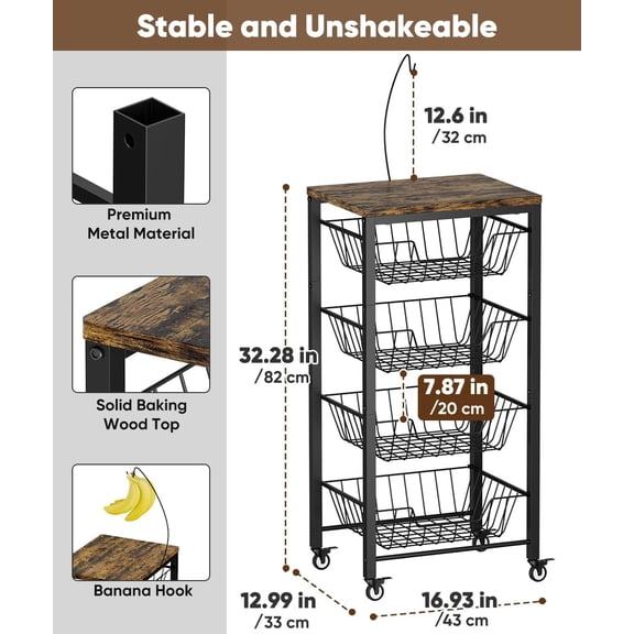 Fruit Vegetable Storage Cart for Kitchen, 5-Tier Vegetable Stand Rack with Pull-Out Fruit Baskets, Rolling Snack Cart with Wood Top & Banana Holder for Pantry, Living Room, Bathroom, Black