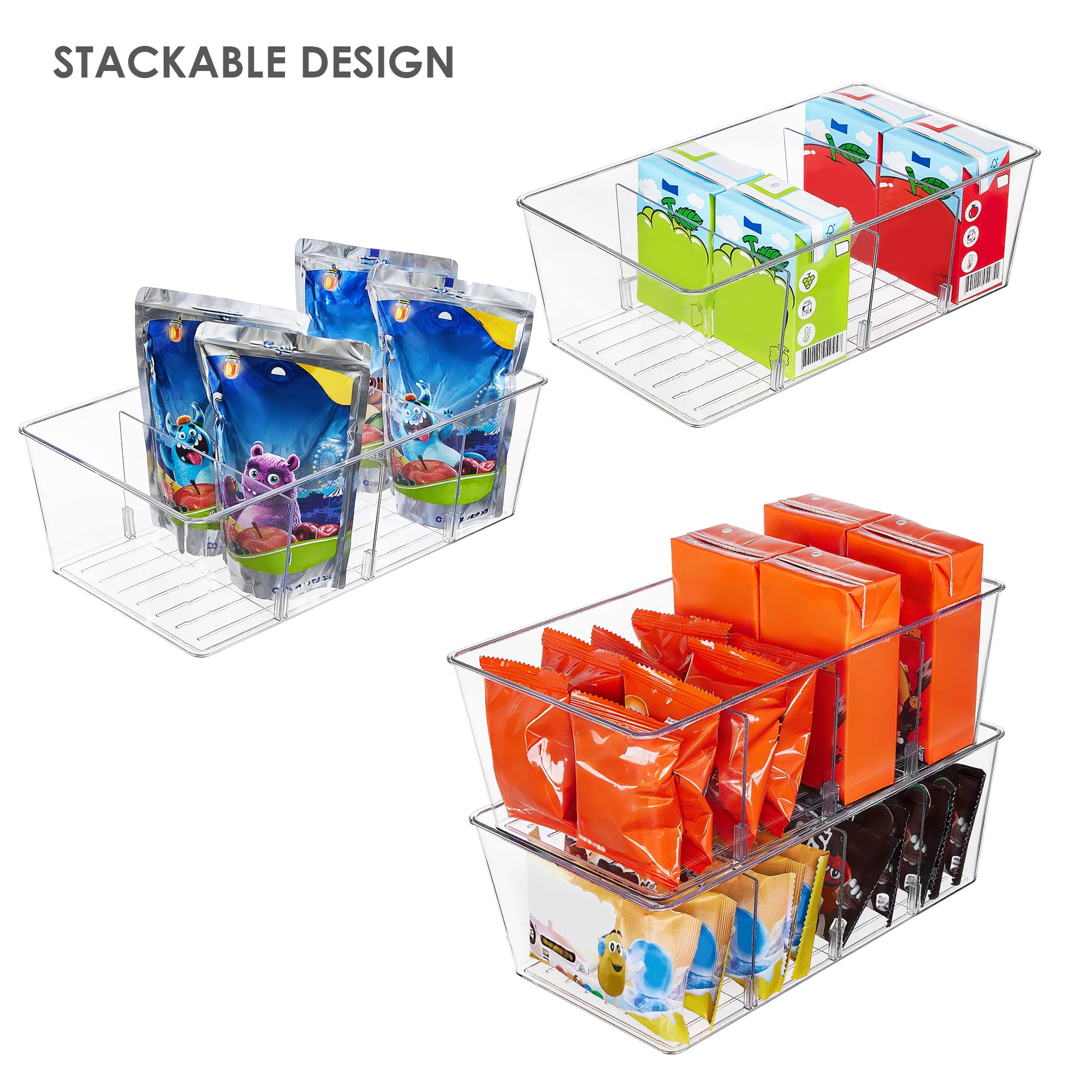 Sindcom 6 Pack Food Storage Organizer Bins, Clear Plastic Bins for Pantry, Kitchen, Fridge, Cabinet Organization and Storage, 4 Compartment Holder Packets, Snacks, Pouches, Spice Packets
