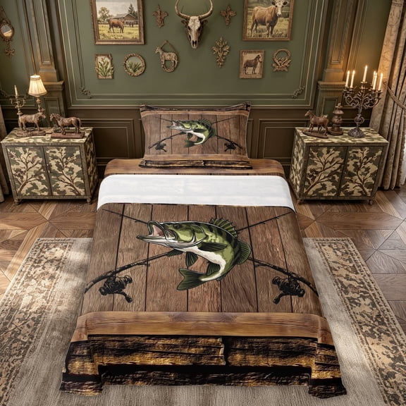 meiyoeat Wooden Fishing Bass Twin Sheets for Men Boys, Brown Vintage Lodge Cabin Bedding, 3-Piece, 1 Flat Sheet, 1 Fitted Sheet and 1 Pillowcase
