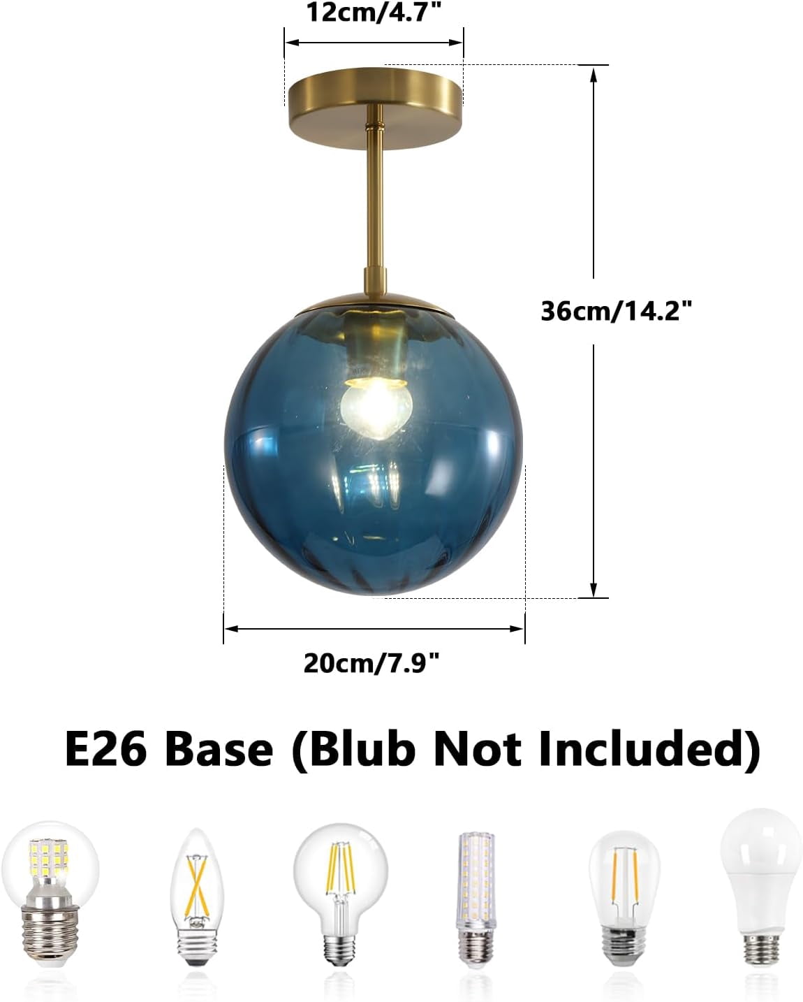 KCO Lighting Minimalist Blue Glass Semi Flush Mount Ceiling Light, Brushed Gold Globe Ceiling Lamp