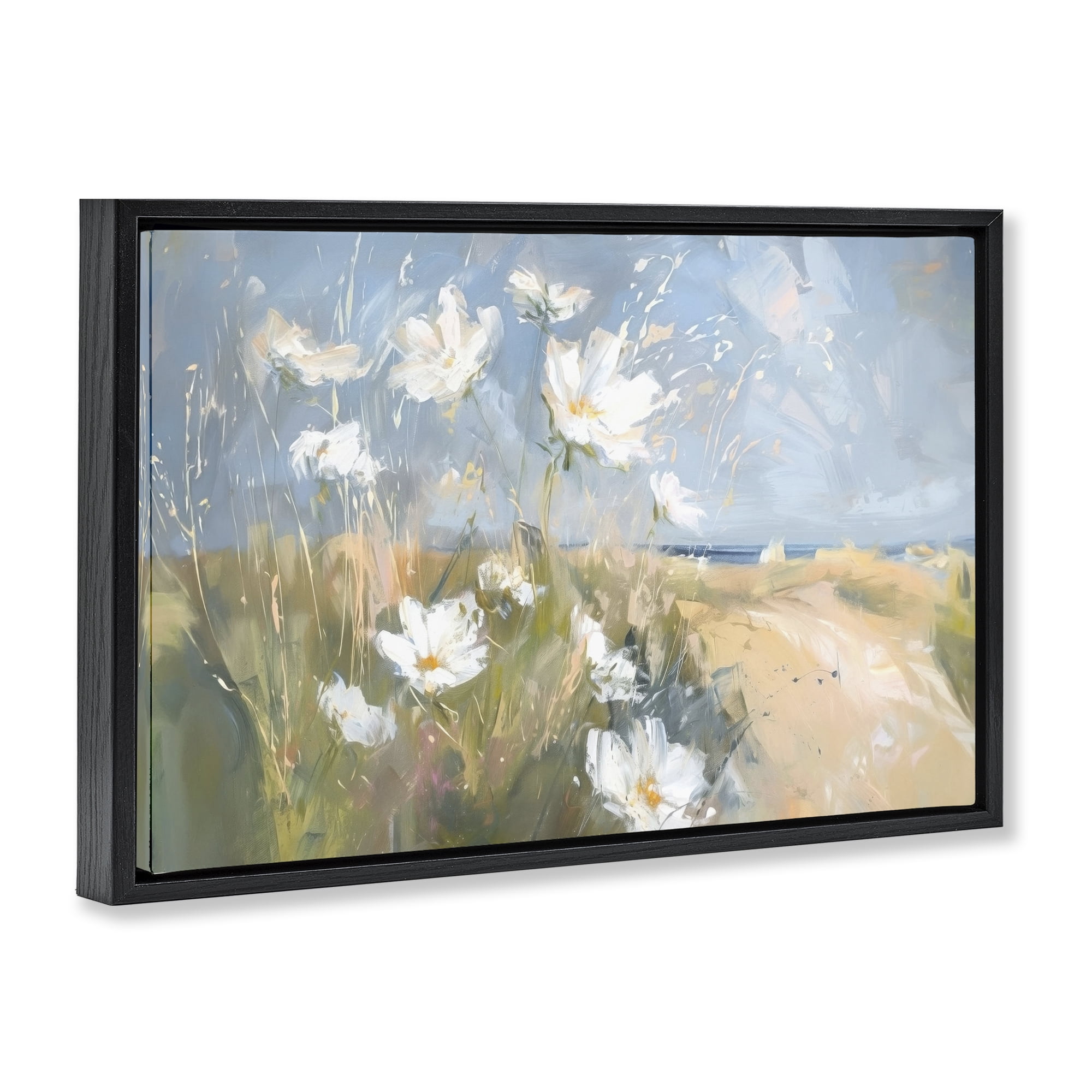 Stupell Industries Seaside Wildflowers Scenery Botanical & Floral Painting Black Floater Framed Canvas Art Print Wall Art, 31 x 21