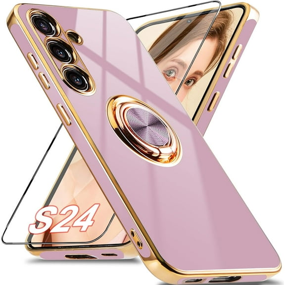 for Samsung Galaxy S24 Case , Built-in 360° Magnetic Ring Holder, Slim Fit Luxury Plating Edge Shockproof Protective Cover with Stand (Purple/Golden)