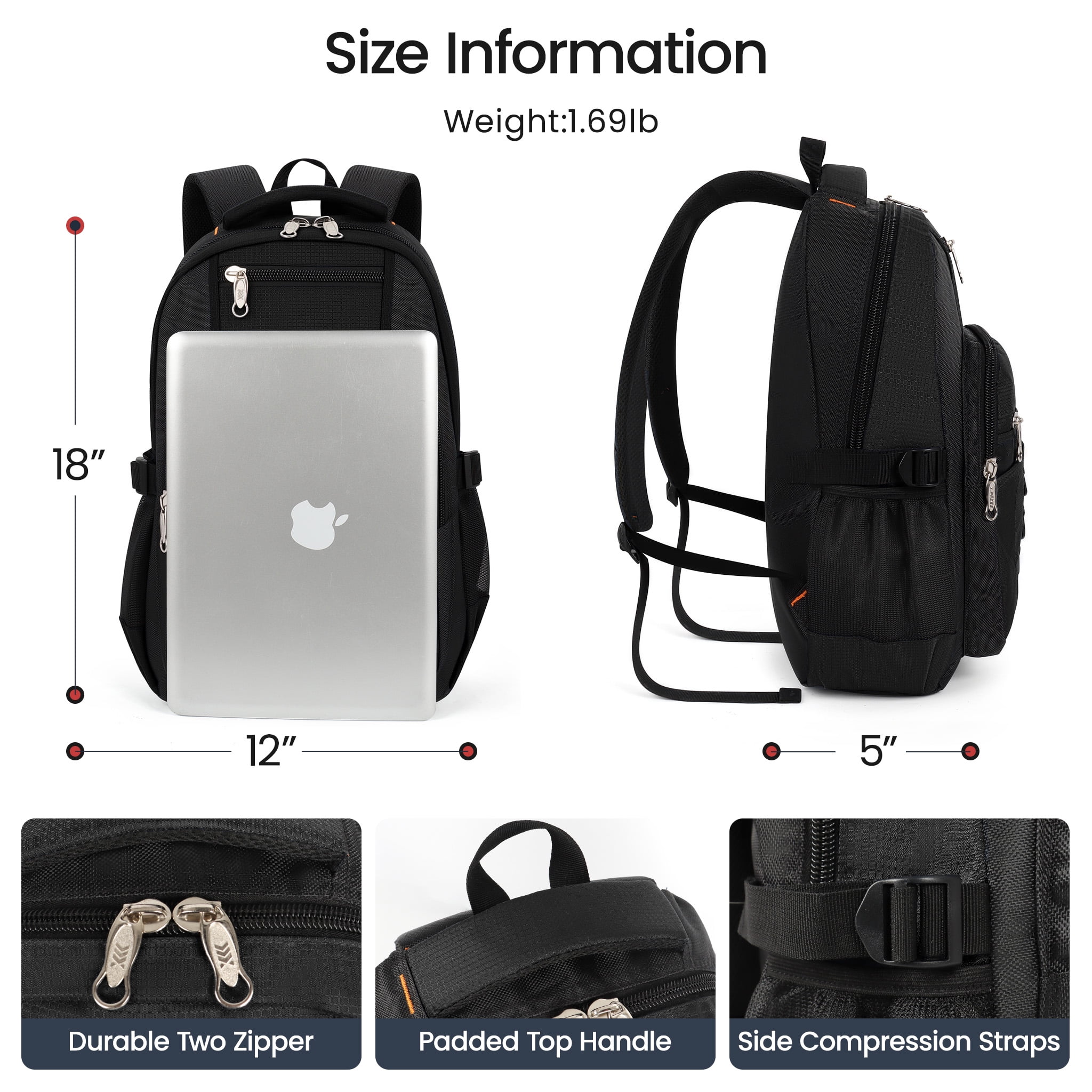 Travel Backpack for Men Women Water-resistant Multi-Pocket Bag Lighweight Casual Work Hiking Daypack School Bookbag, Black, BP8017