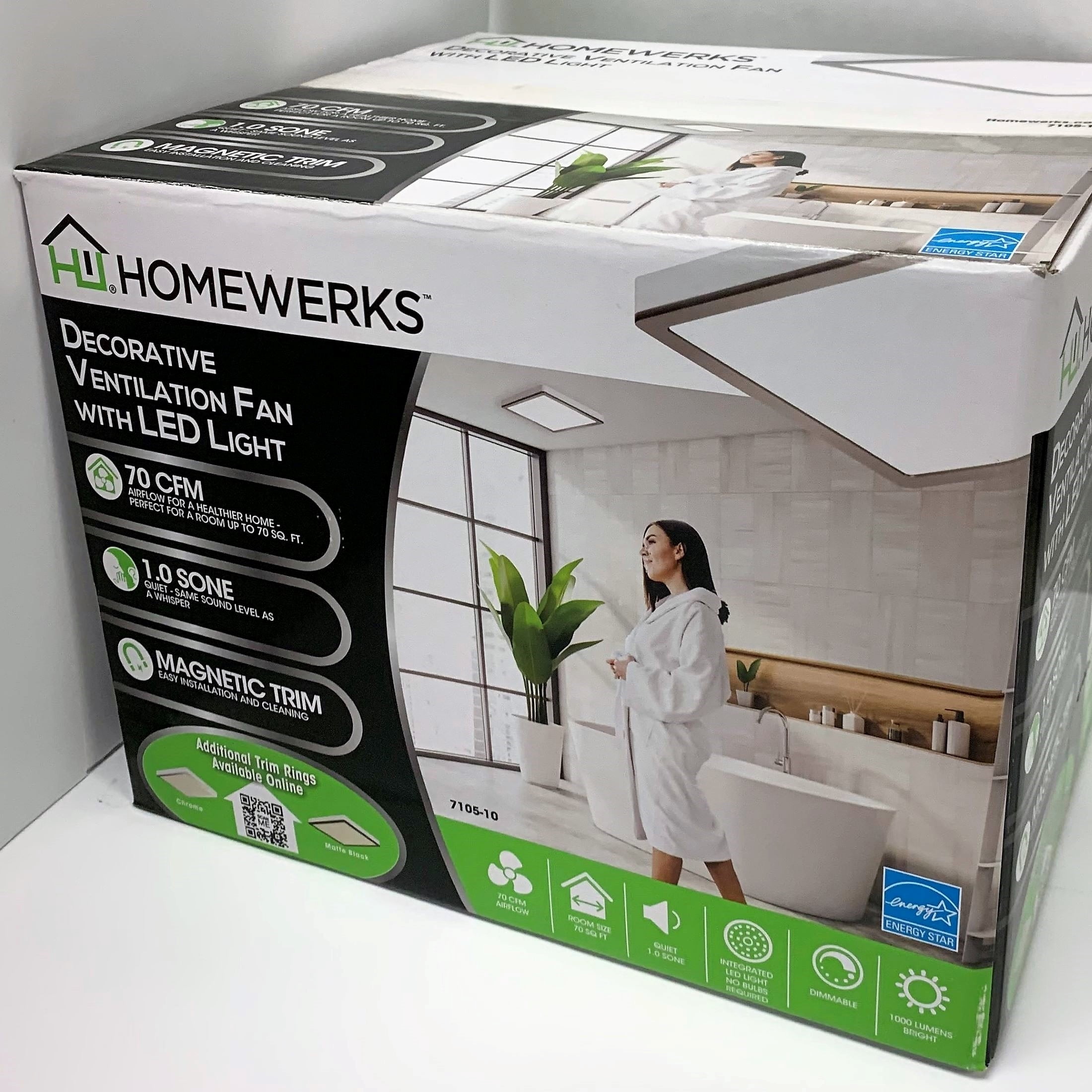New Homewerks 70 CFM 1.0 Sones Exhaust Ventilation Fan with LED & Brushed Nickel Magnetic Trim