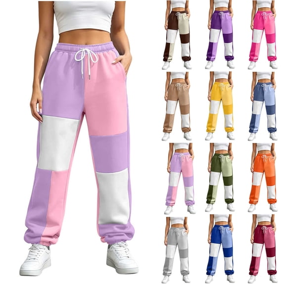 Nmnitkp Women's Color Block Joggers Sweatpants with Pockets Drawstring Elastic Waist Loose Fleece Winter Athletic Pants for Workout Lounge Casual Daily Wear Pink,S